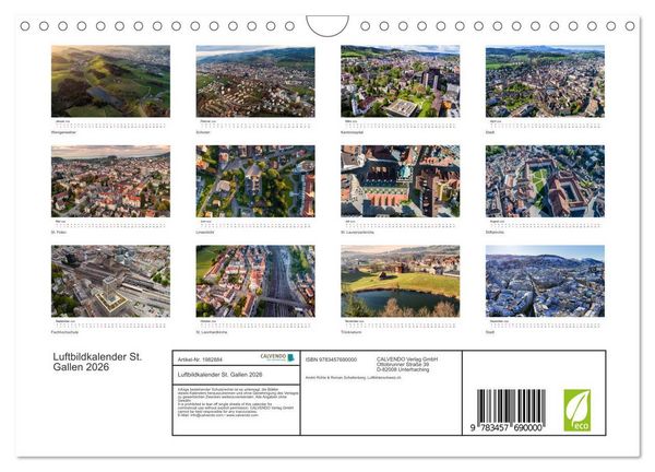 Produktbild: Luftbildkalender St. Gallen 2026 (Wandkalender 2026 DIN A4 quer), CALVENDO Monatskalender