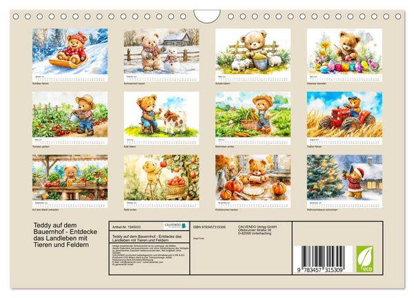 Produktbild: Teddy auf dem Bauernhof - Entdecke das Landleben mit Tieren und Feldern (Wandkalender 2026 DIN A4 quer), CALVENDO Monatskalender