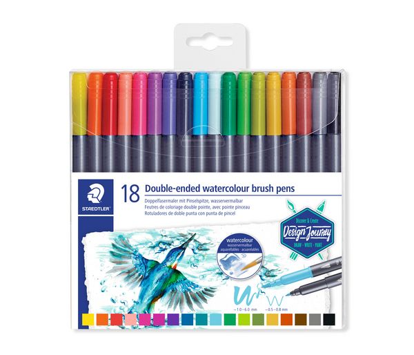 Produktbild: STAEDTLER Schreib- und Zeichbedarf 3001 Doppelfasermaler mit Pinselspitze, wasservermalbar, 18er Set