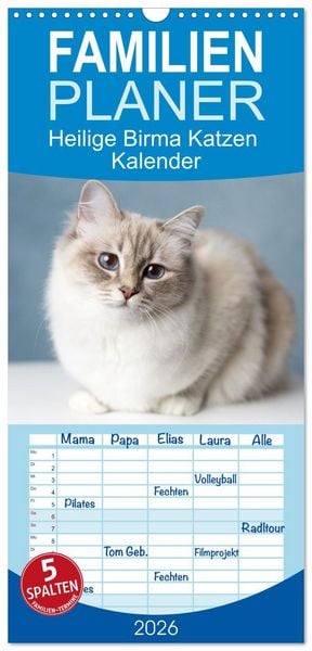 Produktbild: Familienplaner 2026 - Heilige Birma Katzen Kalender mit 5 Spalten (Wandkalender, 21 x 45 cm) CALVENDO