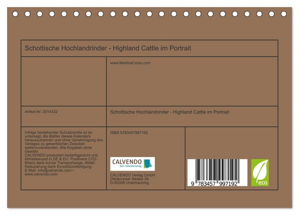 Produktbild: Schottische Hochlandrinder - Highland Cattle im Portrait (Tischkalender 2026 DIN A5 quer), CALVENDO Monatskalender
