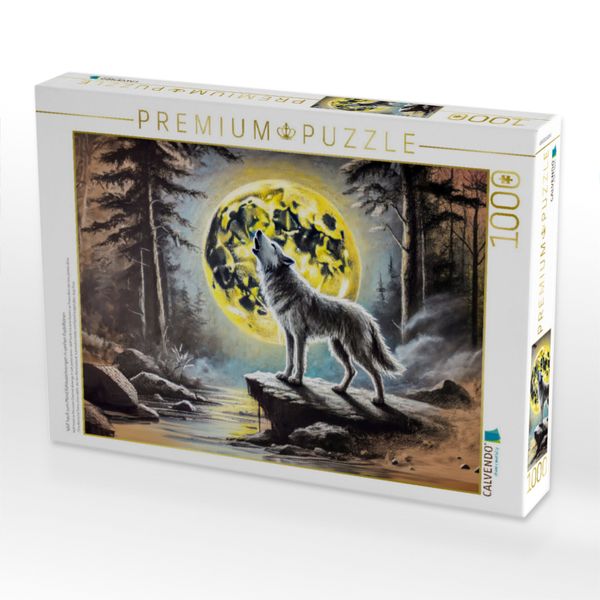 Produktbild: CALVENDO Puzzle Wolf heult zum Mond Kohlezeichnungen in sanften Pastellt&ouml;nen | 1000 Teile Lege-Gr&ouml;&szlig;e 64x48cm Foto-Puzzle f&uuml;r gl&uuml;ckliche Stunden