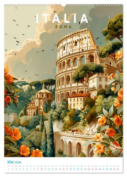 Produktbild: Italien - Old School Poster Style (Wandkalender 2026 DIN A2 hoch), CALVENDO Monatskalender