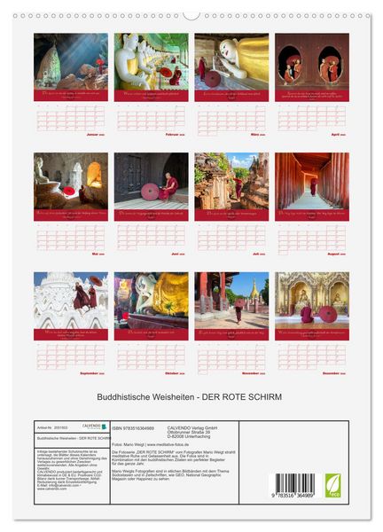 Produktbild: Buddhistische Weisheiten - DER ROTE SCHIRM (hochwertiger Premium Wandkalender 2026 DIN A2 hoch), Kunstdruck in Hochglanz