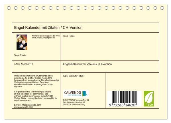 Produktbild: Engel-Kalender mit Zitaten / CH-Version (Tischkalender 2026 DIN A5 quer), CALVENDO Monatskalender