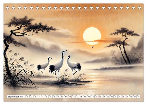 Produktbild: Eleganz der Kraniche - Majest&auml;tische V&ouml;gel in poetischer Tusche (Tischkalender 2026 DIN A5 quer), CALVENDO Monatskalender