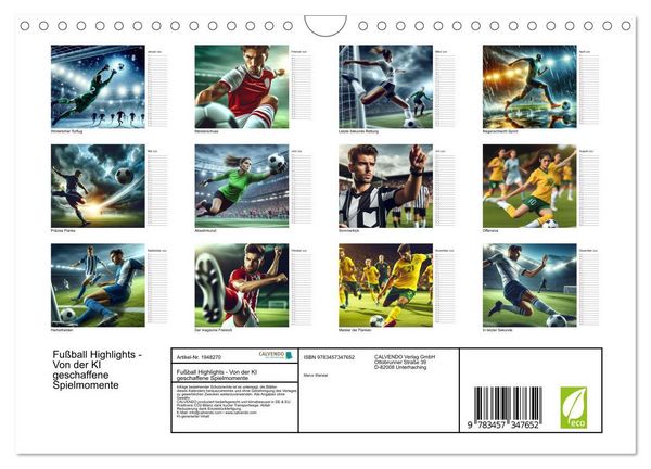 Produktbild: Fu&szlig;ball Highlights - Von der KI geschaffene Spielmomente (Wandkalender 2026 DIN A4 quer), CALVENDO Monatskalender