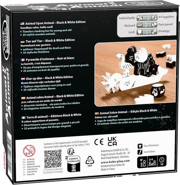 Produktbild: HABA 2014044001 - Tier auf Tier Black & White Edition, Stapelspiel, Balancierspiel