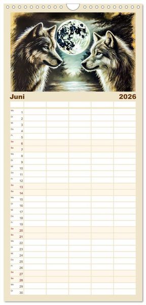 Produktbild: Familienplaner 2026 - Die Eleganz der W&ouml;lfe - Mythische Begegnungen in der Natur mit 5 Spalten (Wandkalender, 21 x 45 cm) CALVENDO
