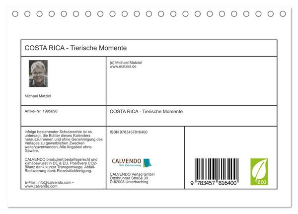 Produktbild: COSTA RICA - Tierische Momente (Tischkalender 2026 DIN A5 quer), CALVENDO Monatskalender