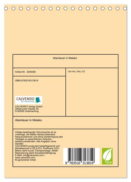 Produktbild: Abenteuer in Malako (Tischkalender 2026 DIN A5 hoch), CALVENDO Monatskalender
