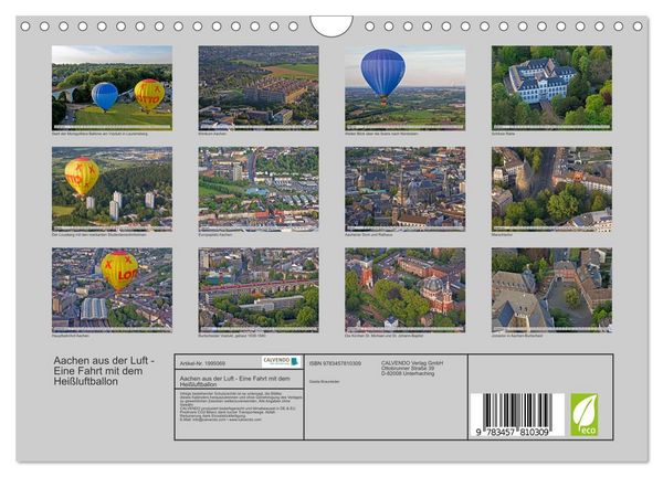 Produktbild: Aachen aus der Luft - Eine Fahrt mit dem Hei&szlig;luftballon (Wandkalender 2026 DIN A4 quer), CALVENDO Monatskalender