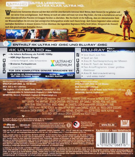 Produktbild: Der Marsianer - Rettet Mark Watney (4K Ultra HD) (+ Blu-ray)