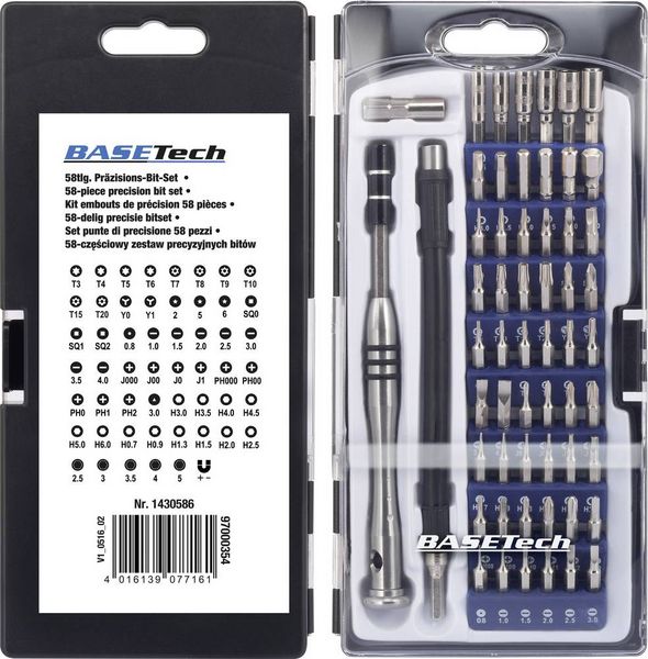 Produktbild: Basetech 1430586 Bit-Set 58teilig Schlitz, Kreuzschlitz Phillips, Innen-Sechsrund (TX), Sechsrund BO, Innen-Sechskant