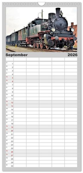 Produktbild: Familienplaner 2026 - Dampflok-Nostalgie - schwere Lokomotiven mit 5 Spalten (Wandkalender, 21 x 45 cm) CALVENDO