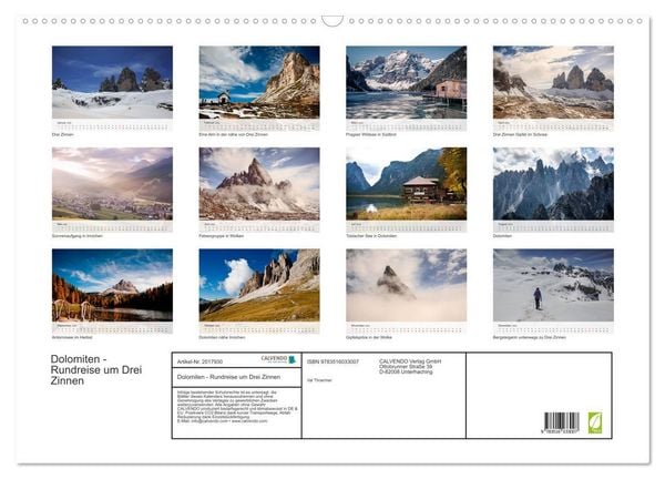 Produktbild: Dolomiten - Rundreise um Drei Zinnen (Wandkalender 2026 DIN A2 quer), CALVENDO Monatskalender