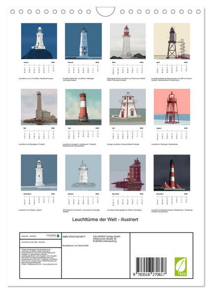 Produktbild: Leuchtt&uuml;rme der Welt - illustriert (Wandkalender 2026 DIN A4 hoch), CALVENDO Monatskalender