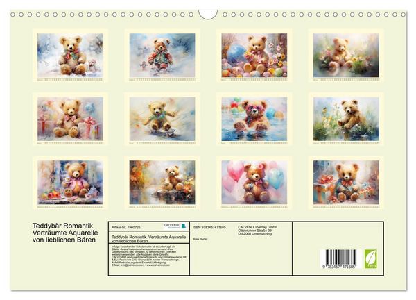 Produktbild: Teddyb&auml;r Romantik. Vertr&auml;umte Aquarelle von lieblichen B&auml;ren (Wandkalender 2026 DIN A3 quer), CALVENDO Monatskalender