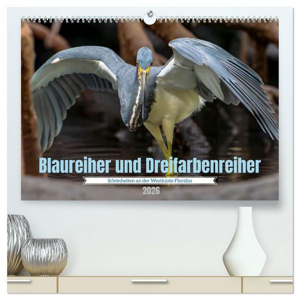 Blaureiher und Dreifarbenreiher (hochwertiger Premium Wandkalender 2026 DIN A2 quer), Kunstdruck in Hochglanz