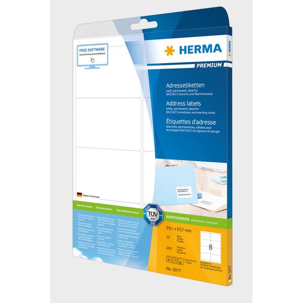 Produktbild: HERMA Adressetiketten permanent wei&szlig; 99,1x67,7mm 25 Blatt 200 St&uuml;ck