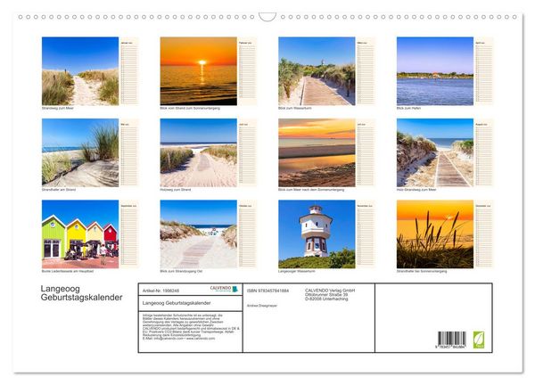 Produktbild: Langeoog Geburtstagskalender (Wandkalender 2026 DIN A2 quer), CALVENDO Monatskalender