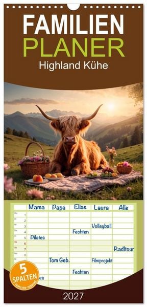 Produktbild: Familienplaner 2027 - Highland K&uuml;he mit 5 Spalten (Wandkalender, 21 x 45 cm) CALVENDO