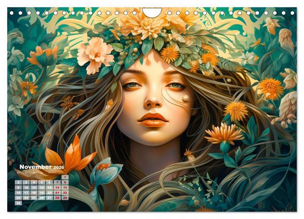Produktbild: Bl&uuml;tenzauber - Farbenfrohe Illustrationen der G&ouml;ttin Flora (Wandkalender 2026 DIN A4 quer), CALVENDO Monatskalender