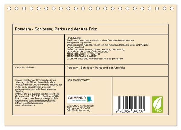 Produktbild: Potsdam - Schl&ouml;sser, Parks und der Alte Fritz (Tischkalender 2026 DIN A5 quer), CALVENDO Monatskalender