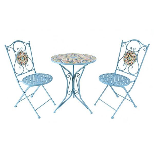 Produktbild: HTI-Living Bistro Sitzgruppe Metall blau Tisch mit 2 St&uuml;hlen Balkon Set Gartenm&ouml;bel Mosaik
