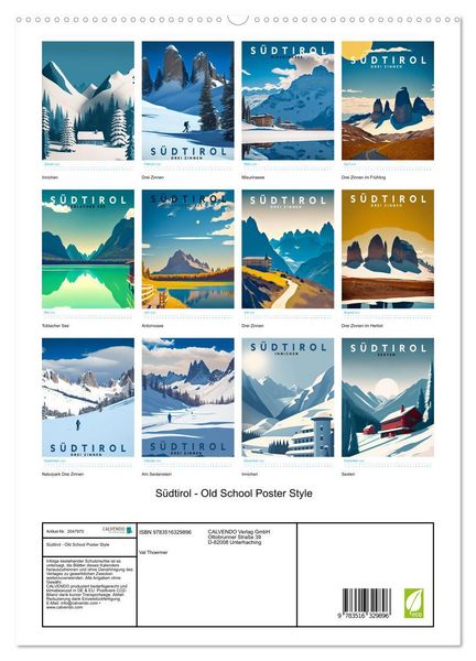 Produktbild: S&uuml;dtirol - Old School Poster Style (hochwertiger Premium Wandkalender 2026 DIN A2 hoch), Kunstdruck in Hochglanz