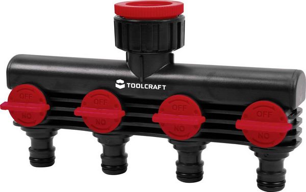 Produktbild: TOOLCRAFT 2302371 Kunststoff 4-Wege-Verteiler 26,44 mm (3/4") AG, 33,25 mm (1") AG Wasserstop, mit Regulierventil