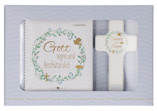 Produktbild: Butzon & Bercker Geschenkset zur Taufe 15 x 22 x 2 cm &ndash; Holzkreuz aus Buchenholz wei&szlig; lackiert mit Taufspruch, gebundenes Buch 11 x 11 cm, Lieferung in Geschenkverpackung