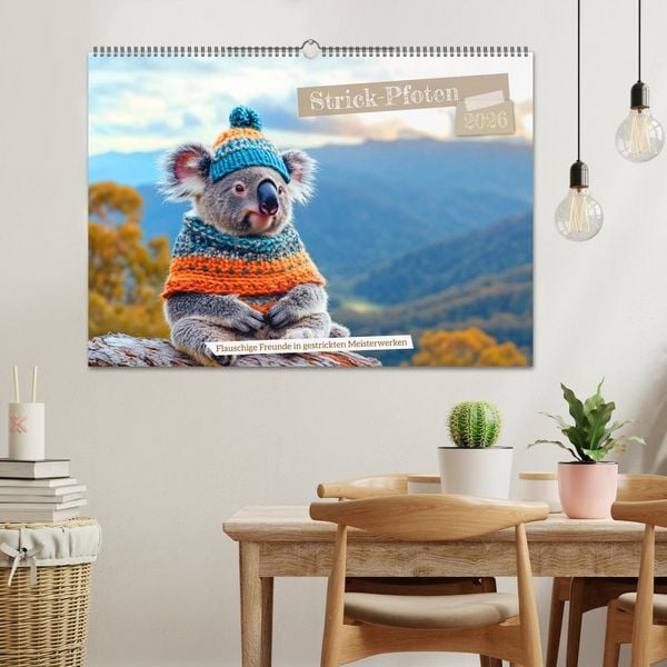 Produktbild: Strick-Pfoten - Flauschige Freunde in gestrickten Meisterwerken (Wandkalender 2026 DIN A2 quer), CALVENDO Monatskalender