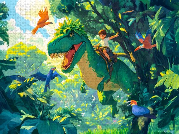 Produktbild: CALVENDO Puzzle Junge reitet auf T-Rex Dinosaurier durch den Dschungel | 1000 Teile Lege-Gr&ouml;&szlig;e 64x48cm Foto-Puzzle f&uuml;r gl&uuml;ckliche Stunden