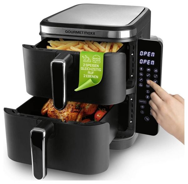 Produktbild: GourmetMaxx FryUp Vertical 15305 Hei&szlig;luft-Fritteuse 10 l 2800 W 2 getrennte Temperaturregler, Antihaftbeschichtung, digitaler Timer Schwarz