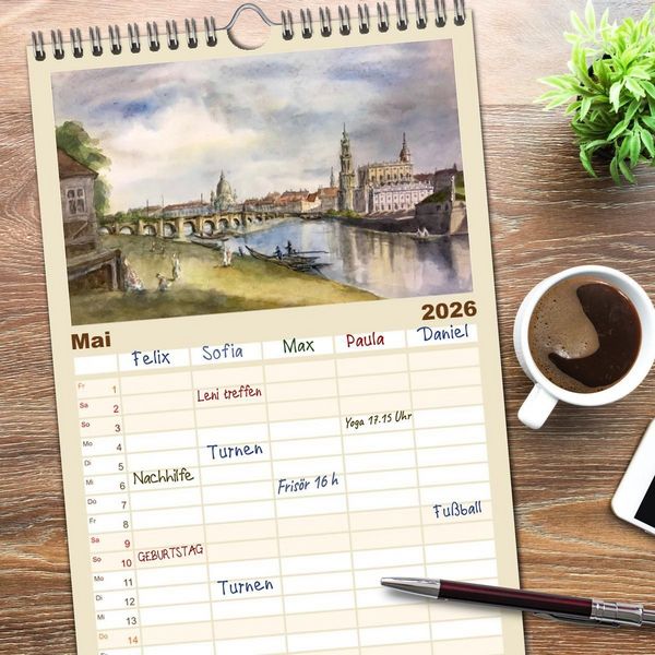 Produktbild: Familienplaner 2026 - Dresden und das Elbtal - Ein Aquarellkalender von Claudia Pinkau mit 5 Spalten (Wandkalender, 21 x 45 cm) CALVENDO