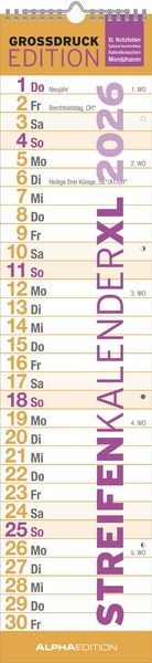 Produktbild: GROSSDRUCK Streifenplaner XL 2026 - Streifenkalender - Wandplaner - Küchen-Kalender - 15x64