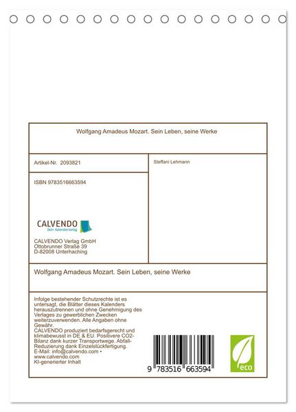 Produktbild: Wolfgang Amadeus Mozart. Sein Leben, seine Werke (Tischkalender 2026 DIN A5 hoch), CALVENDO Monatskalender