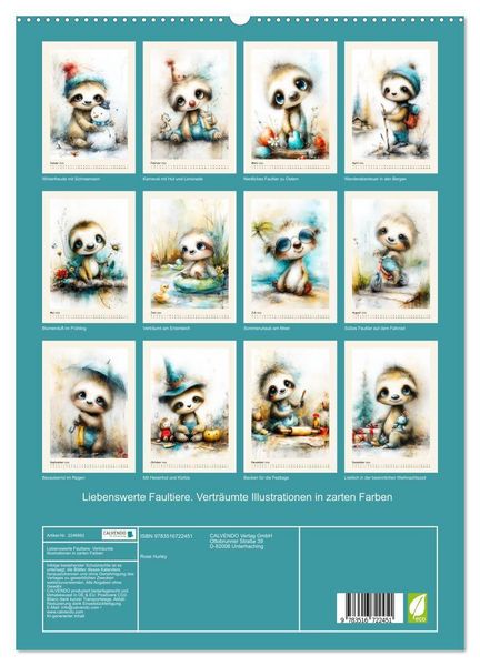Produktbild: Liebenswerte Faultiere. Vertr&auml;umte Illustrationen in zarten Farben (hochwertiger Premium Wandkalender 2026 DIN A2 hoch), Kunstdruck in Hochglanz
