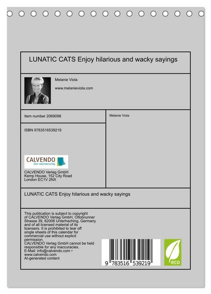 Produktbild: LUNATIC CATS Enjoy hilarious and wacky sayings (Desk Calendar 2026 DIN A5 portrait), CALVENDO 12 Month DeskCalendar