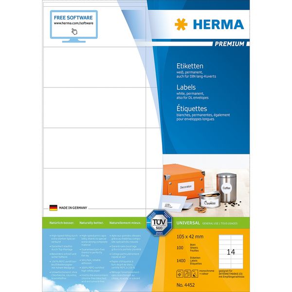 Produktbild: HERMA Etiketten permanent wei&szlig; 105x42mm 100 Blatt 140 St&uuml;ck