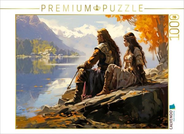 CALVENDO Puzzle Mann und Frau eines alten nordischen Volkes am Fluss - Wikinger | 1000 Teile Lege-Größe 64x48cm Foto-Puzzle für glückliche Stunden