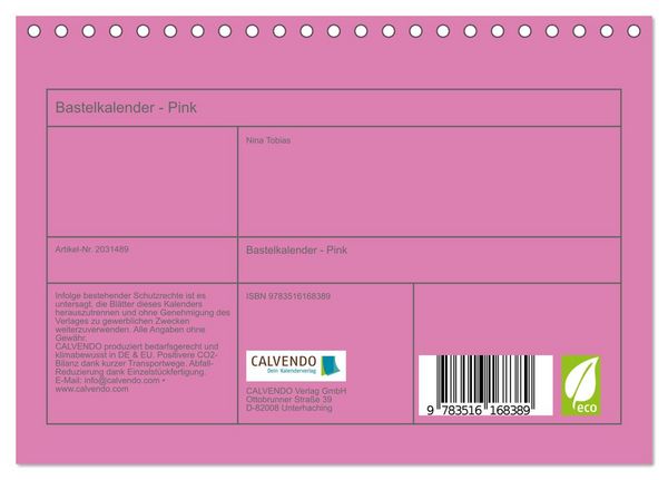 Produktbild: Bastelkalender - Pink (Tischkalender 2026 DIN A5 quer), CALVENDO Monatskalender
