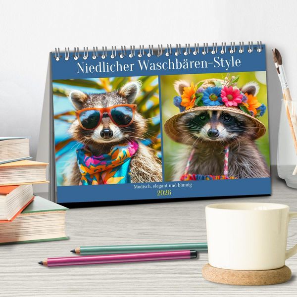 Produktbild: Niedlicher Waschb&auml;ren-Style. Modisch, elegant und blumig (Tischkalender 2026 DIN A5 quer), CALVENDO Monatskalender