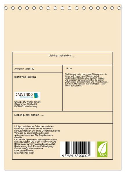 Produktbild: Liebling, mal ehrlich ..... (Tischkalender 2026 DIN A5 hoch), CALVENDO Monatskalender