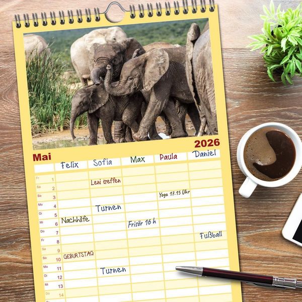 Produktbild: Familienplaner 2026 - Afrikas Tierwelt: Elefantenbabys mit 5 Spalten (Wandkalender, 21 x 45 cm) CALVENDO