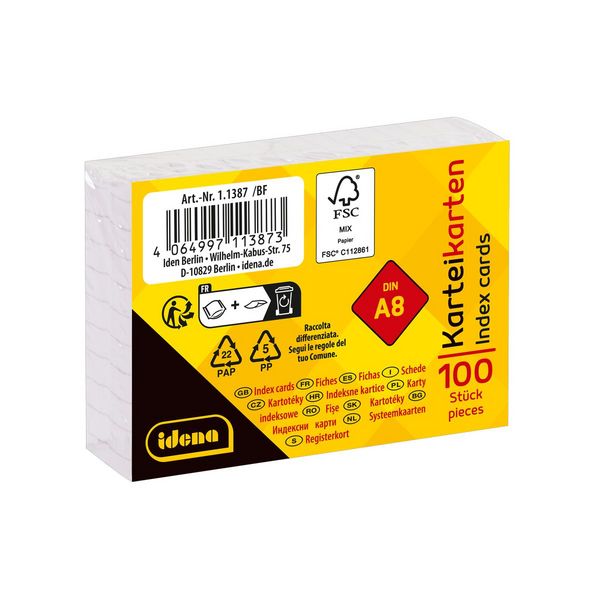 Produktbild: Idena Karteikarten kariert 180g/m&sup2; wei&szlig; DIN A8 100 St&uuml;ck