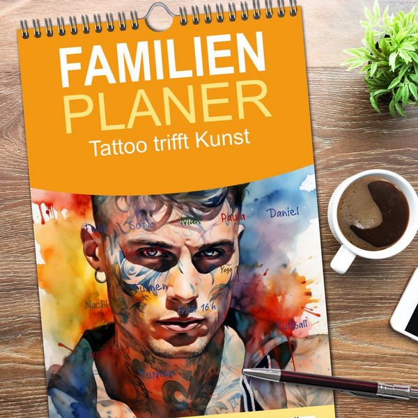 Produktbild: Familienplaner 2026 - Tattoo trifft Kunst mit 5 Spalten (Wandkalender, 21 x 45 cm) CALVENDO