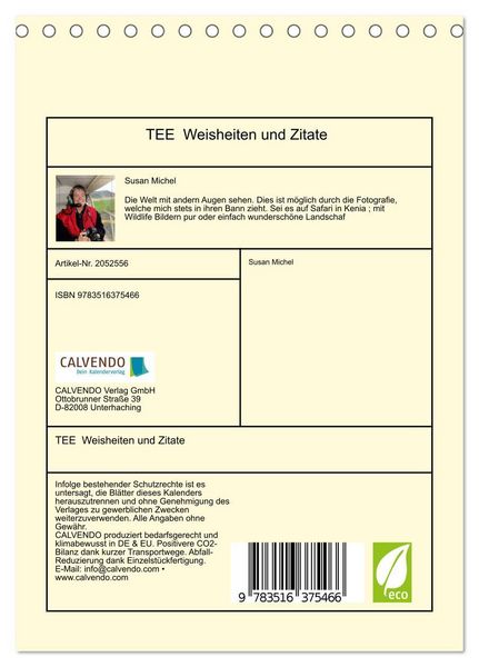 Produktbild: TEE Weisheiten und Zitate (Tischkalender 2026 DIN A5 hoch), CALVENDO Monatskalender