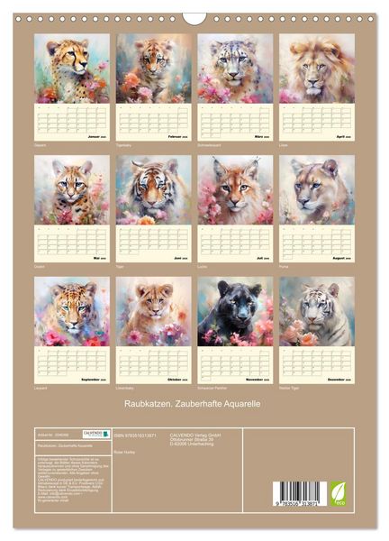 Produktbild: Raubkatzen. Zauberhafte Aquarelle (Wandkalender 2026 DIN A3 hoch), CALVENDO Monatskalender